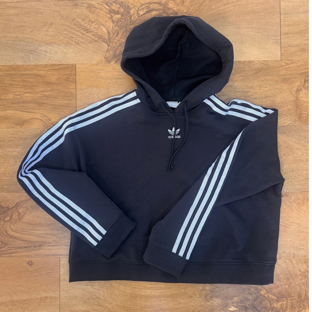 Adidas Originals Women Black Trefoil Hoodie 3-Stripe Cropped Sweatshirt CY4766 M